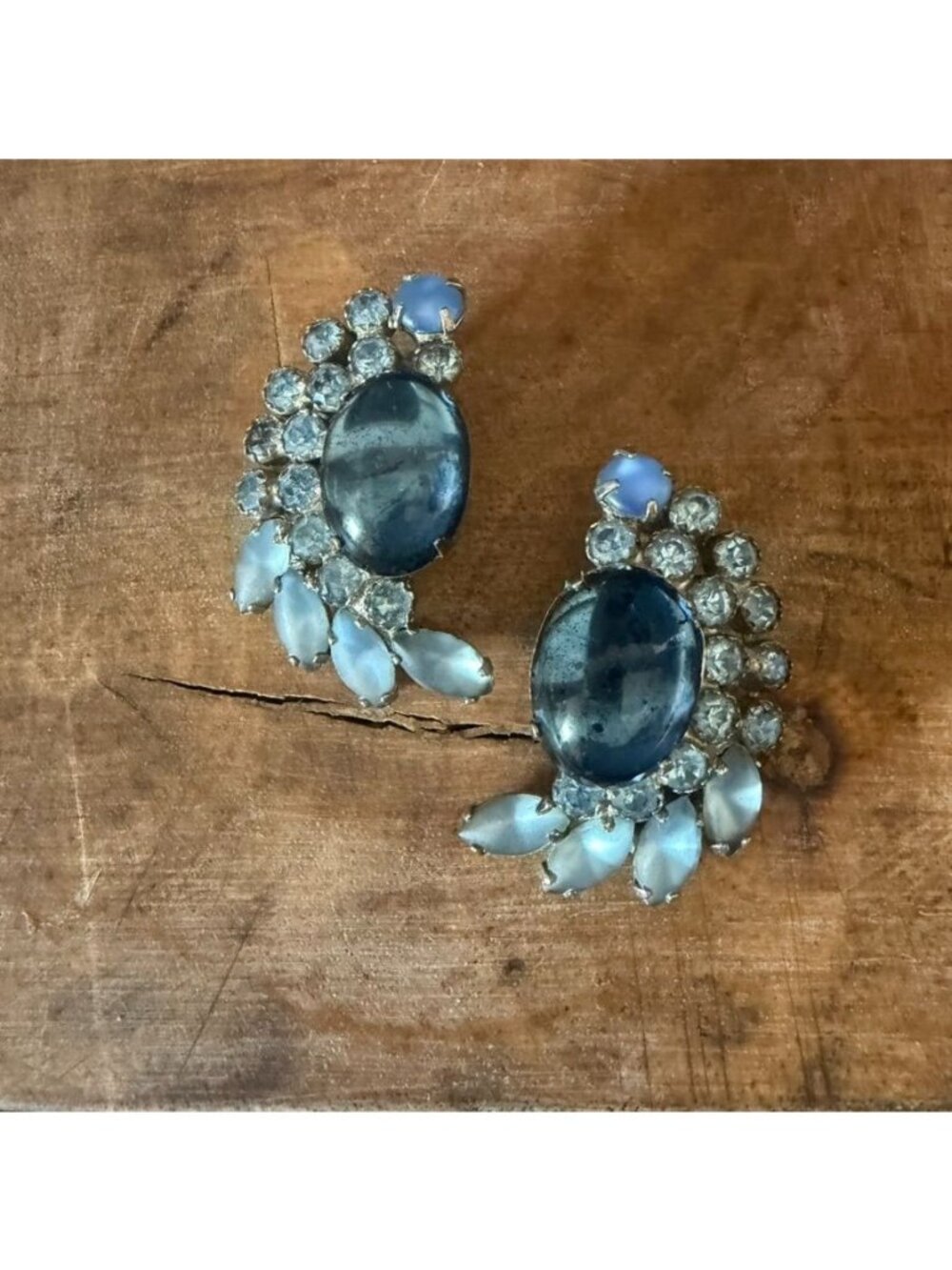 Vintage Weiss 1950s Climber Earrings Blue Cabochon with Rhinestones Elegant